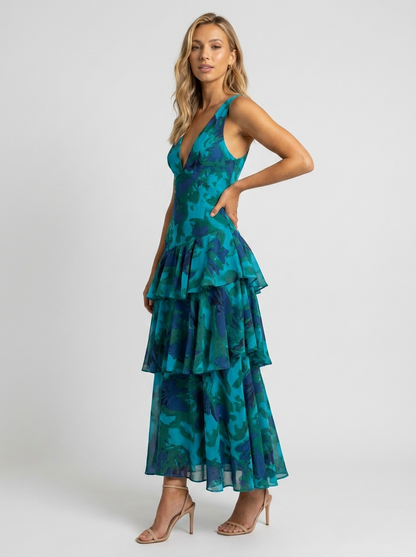 Women's Floral Deep V-Neck Tiered Ruffle Maxi Dress - Teal Floral