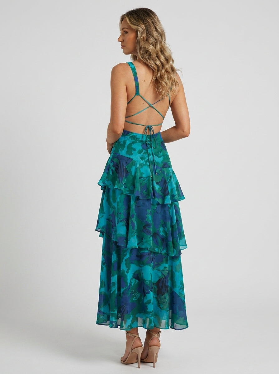 Women's Floral Deep V-Neck Tiered Ruffle Maxi Dress - Teal Floral
