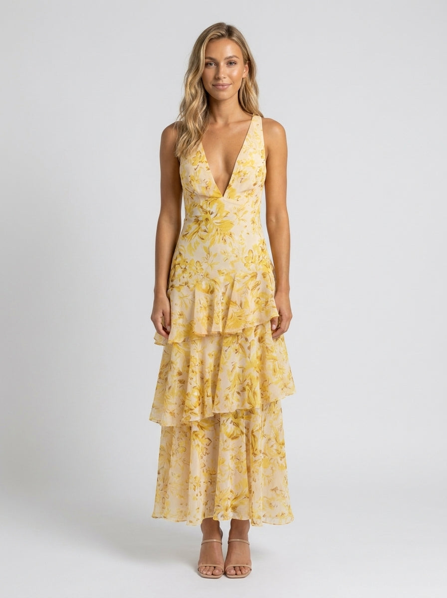 Women's Floral Deep V-Neck Tiered Ruffle Maxi Dress - Yellow Floral