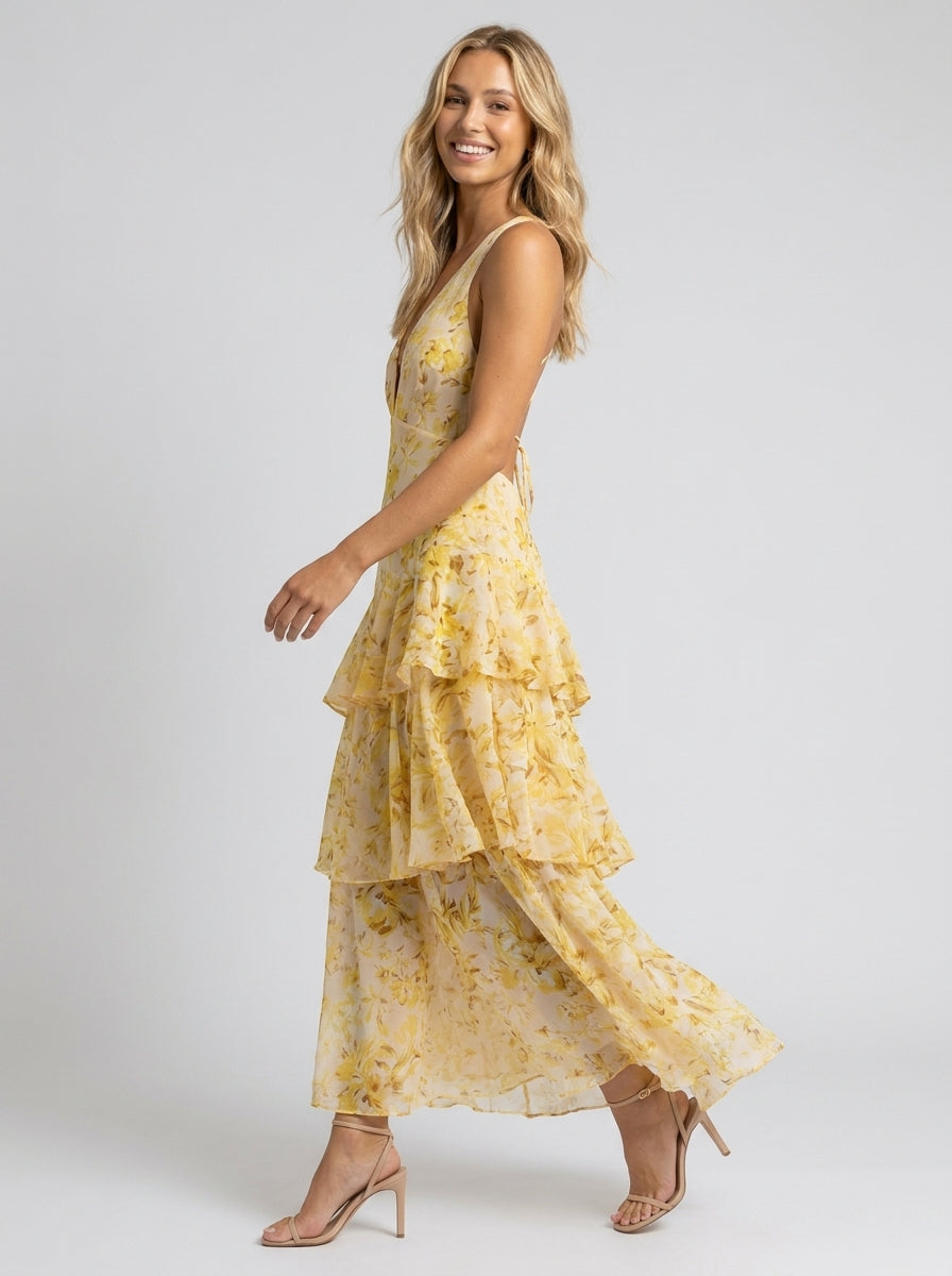 Women's Floral Deep V-Neck Tiered Ruffle Maxi Dress - Yellow Floral
