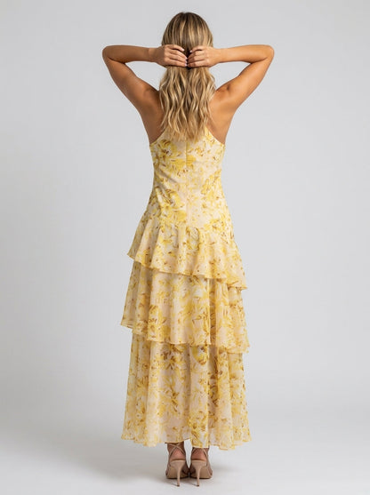 Women's Floral Deep V-Neck Tiered Ruffle Maxi Dress - Yellow Floral