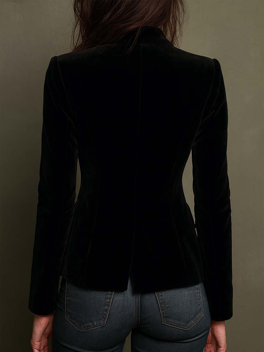Women's Floral Embroidered Notch Lapel Black Jacket - Black