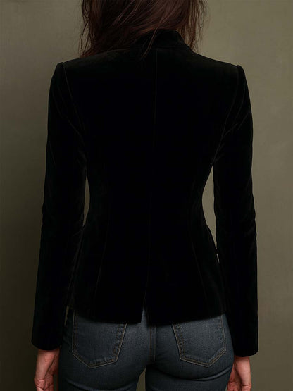 Women's Floral Embroidered Notch Lapel Black Jacket - Black