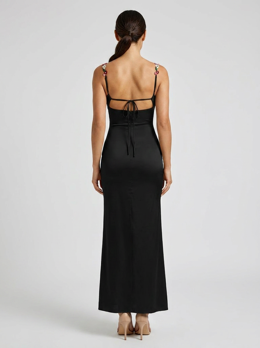 Women's Floral Trim Cross Back Satin Maxi Dress - Black