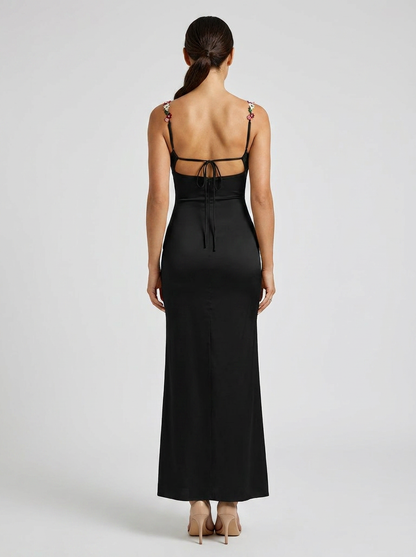 Women's Floral Trim Cross Back Satin Maxi Dress - Black