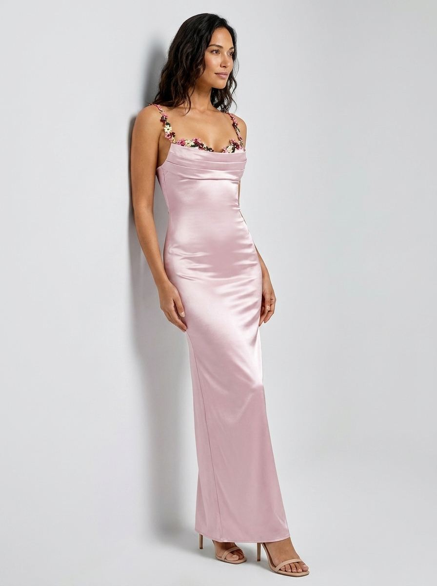 Women's Floral Trim Cross Back Satin Maxi Dress - Blush Pink