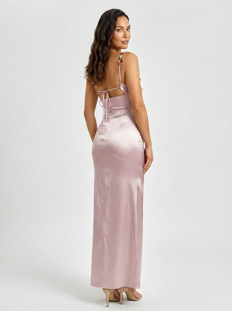 Women's Floral Trim Cross Back Satin Maxi Dress - Blush Pink