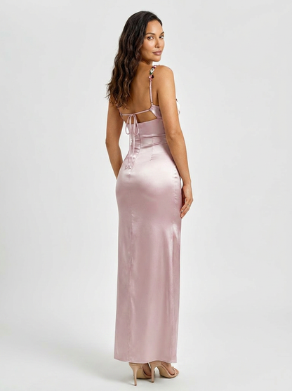 Women's Floral Trim Cross Back Satin Maxi Dress - Blush Pink