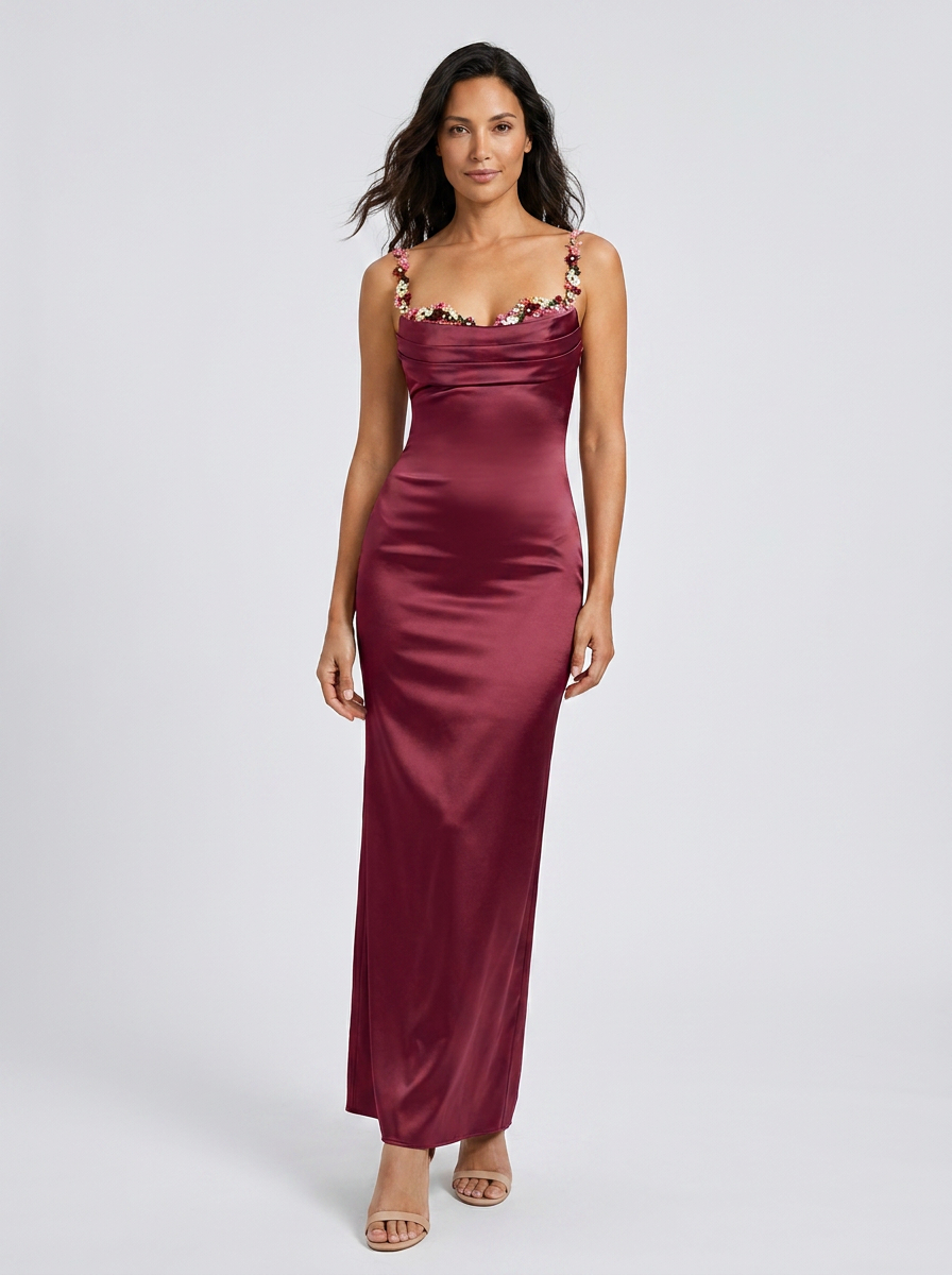 Women's Floral Trim Cross Back Satin Maxi Dress - Burgundy