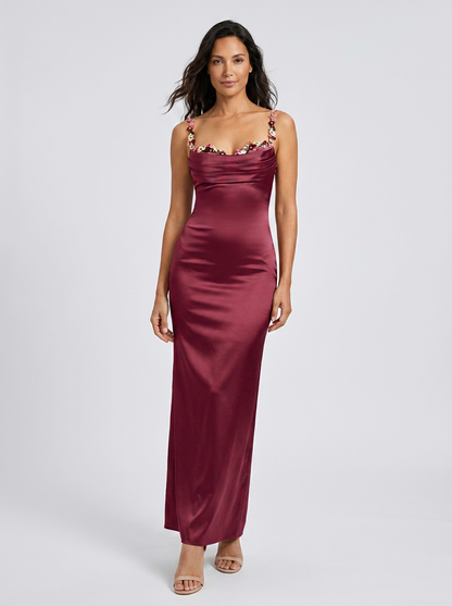 Women's Floral Trim Cross Back Satin Maxi Dress - Burgundy