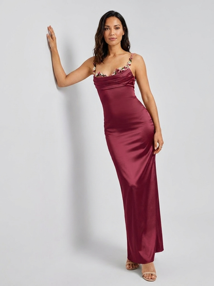 Women's Floral Trim Cross Back Satin Maxi Dress - Burgundy