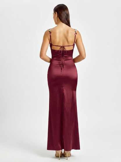 Women's Floral Trim Cross Back Satin Maxi Dress - Burgundy