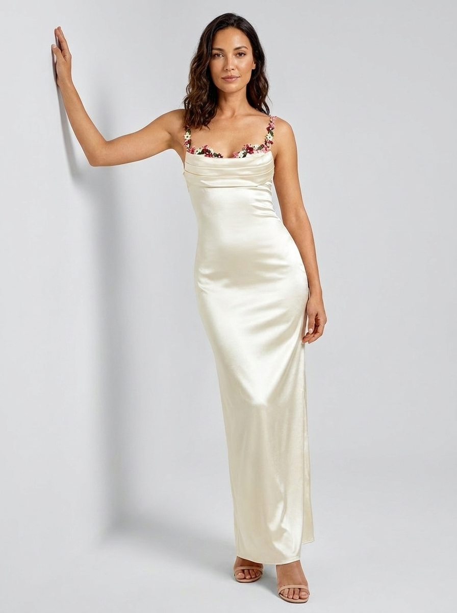 Women's Floral Trim Cross Back Satin Maxi Dress - Ivory