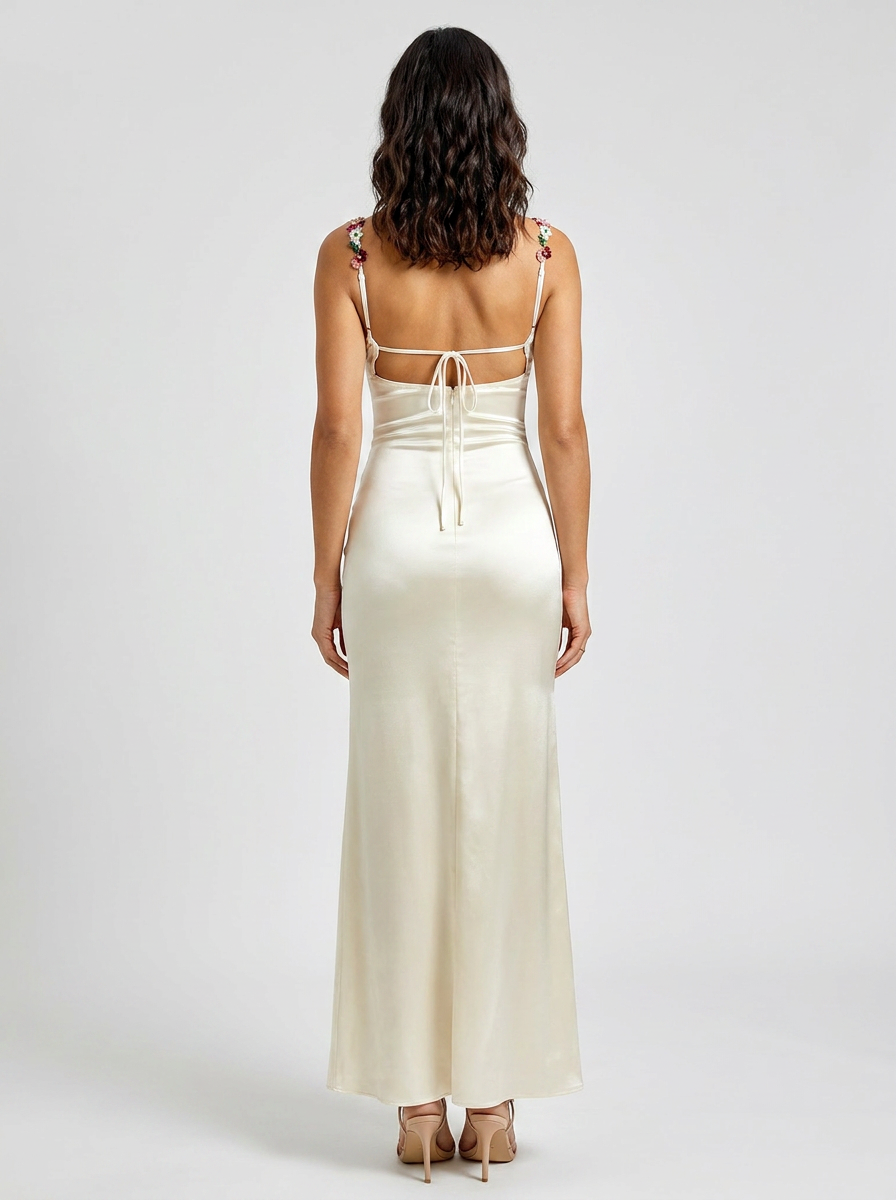 Women's Floral Trim Cross Back Satin Maxi Dress - Ivory