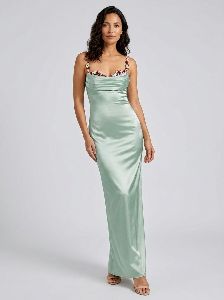 Women's Floral Trim Cross Back Satin Maxi Dress - Sage
