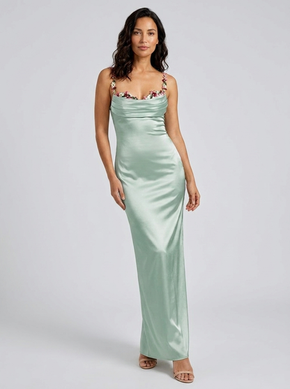 Women's Floral Trim Cross Back Satin Maxi Dress - Sage