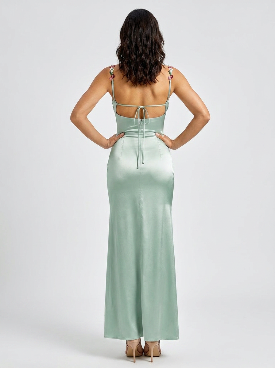 Women's Floral Trim Cross Back Satin Maxi Dress - Sage