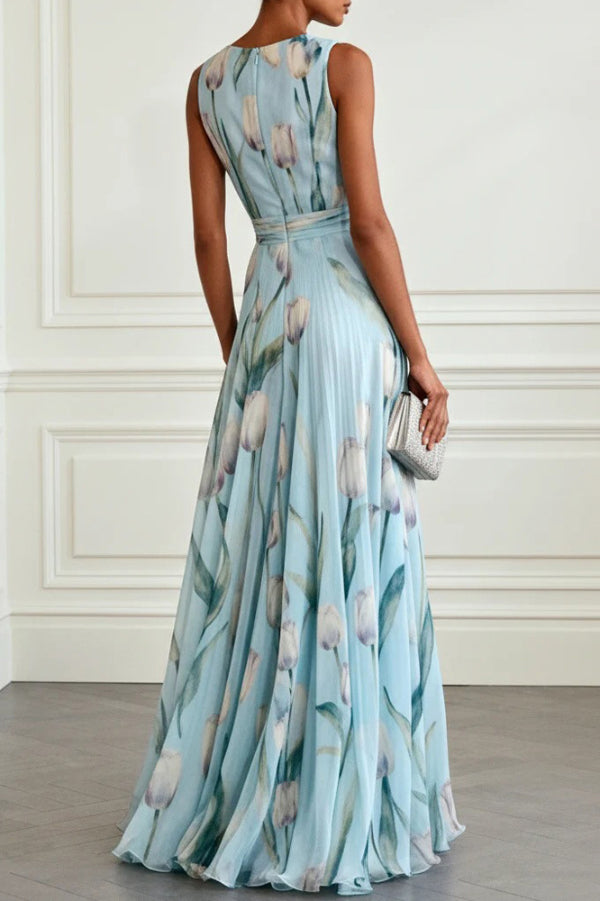 Women's Floral V-Neck Garden Party Maxi Dress - Aqua Blue