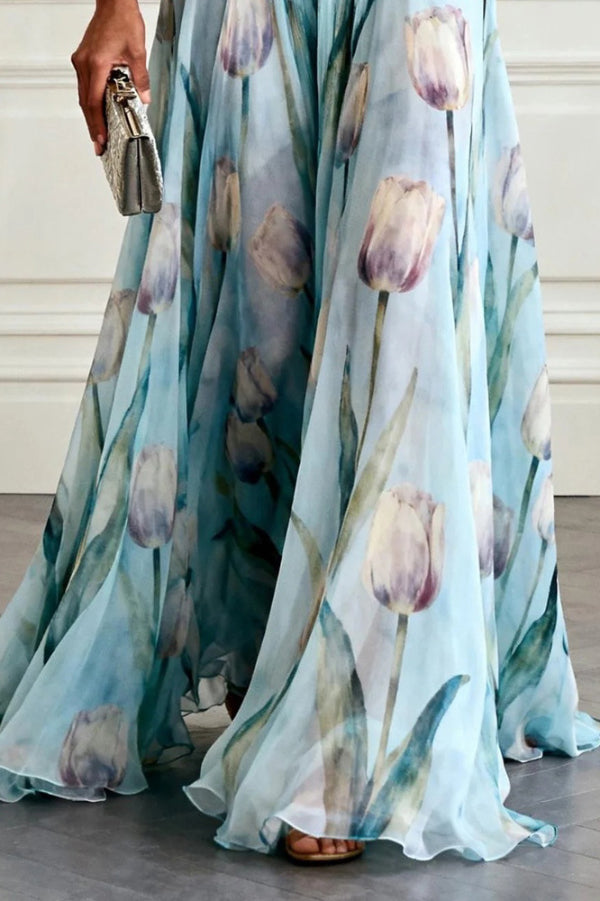 Women's Floral V-Neck Garden Party Maxi Dress - Aqua Blue