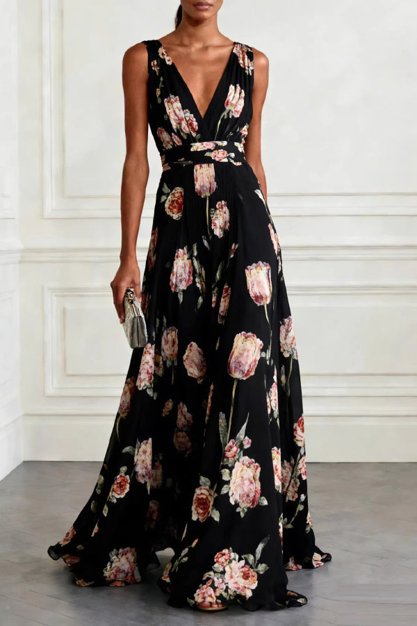 Women's Floral V-Neck Garden Party Maxi Dress - Black Floral