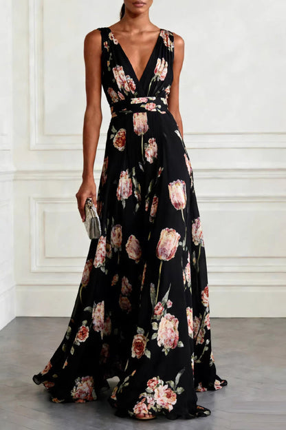 Women's Floral V-Neck Garden Party Maxi Dress - Black Floral
