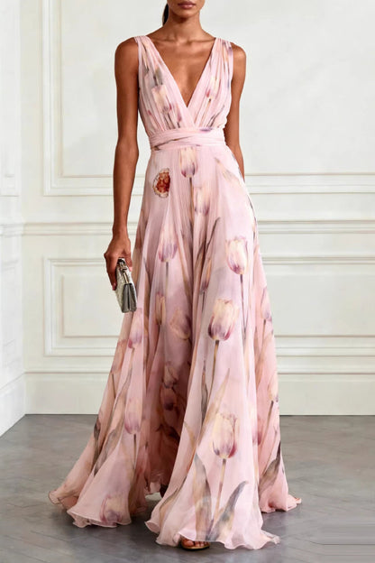 Women's Floral V-Neck Garden Party Maxi Dress - Blush Pink