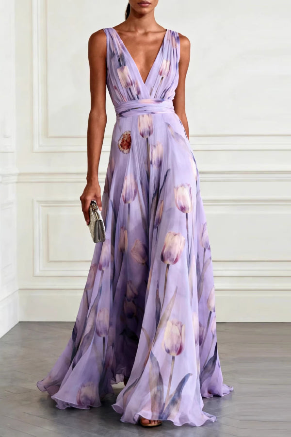 Women's Floral V-Neck Garden Party Maxi Dress - Lavender