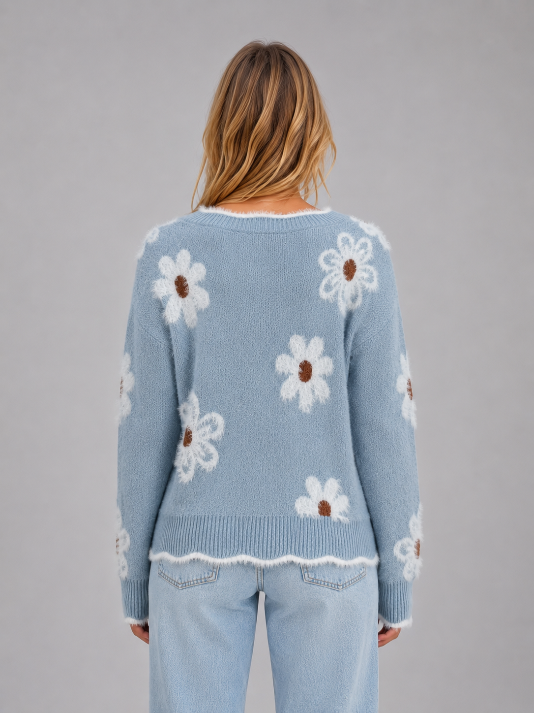 Women's Floral V-Neck Knit Sweater - Light Blue Floral