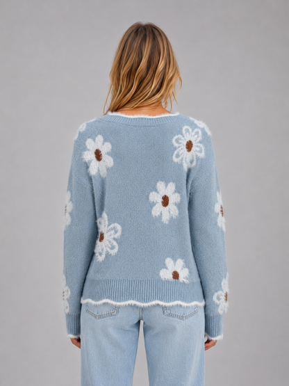 Women's Floral V-Neck Knit Sweater - Light Blue Floral