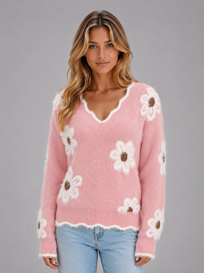 Women's Floral V-Neck Knit Sweater - Pink Floral