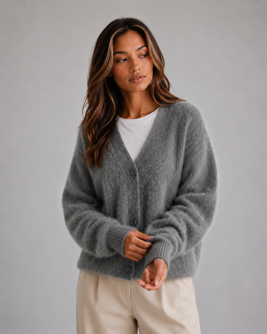 Women's Fluffy V-Neck Button-Front Cardigan - Dark Gray