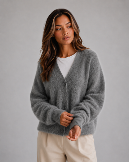 Women's Fluffy V-Neck Button-Front Cardigan - Dark Gray