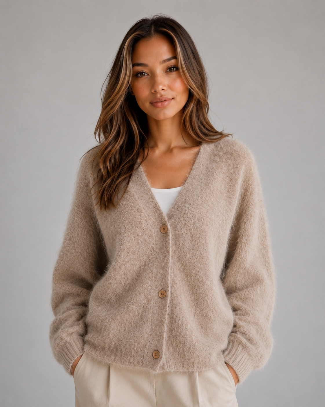 Women's Fluffy V-Neck Button-Front Cardigan - Khaki