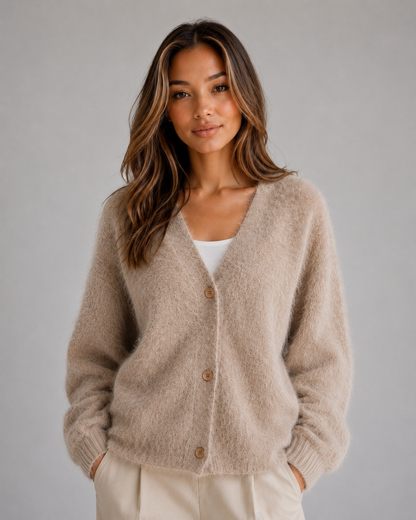 Women's Fluffy V-Neck Button-Front Cardigan - Khaki