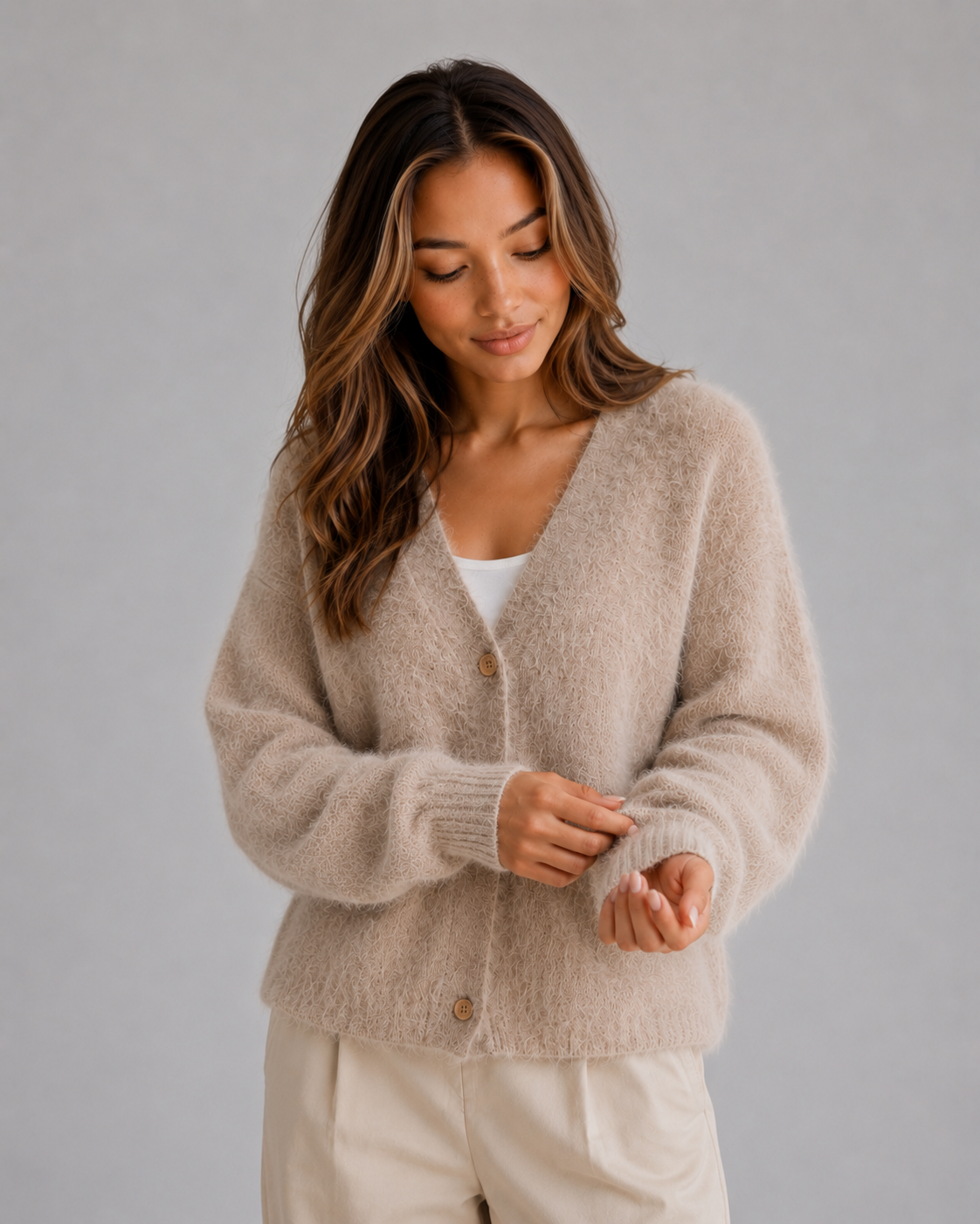 Women's Fluffy V-Neck Button-Front Cardigan - Khaki