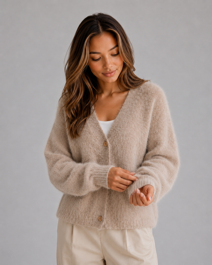 Women's Fluffy V-Neck Button-Front Cardigan - Khaki