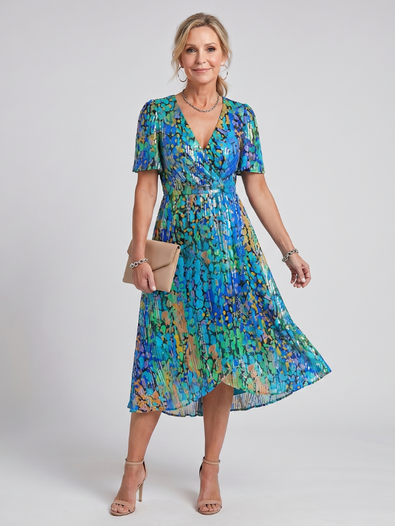 Women's Flutter Sleeve Gathered Waist Midi Dress - Blue Green Print
