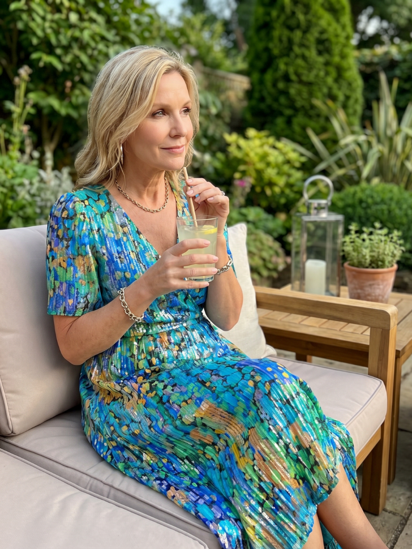 Women's Flutter Sleeve Gathered Waist Midi Dress - Blue Green Print