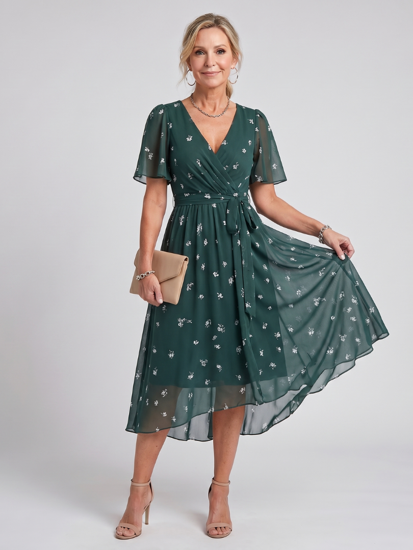 Women's Flutter Sleeve Gathered Waist Midi Dress - Dark Green Floral