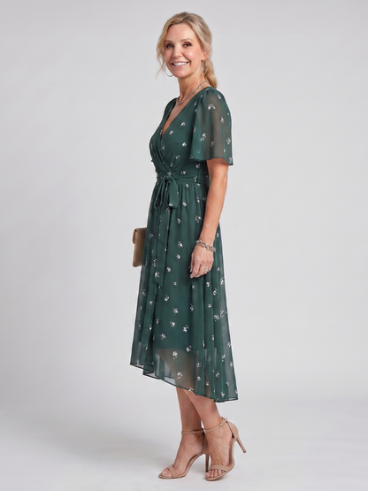 Women's Flutter Sleeve Gathered Waist Midi Dress - Dark Green Floral