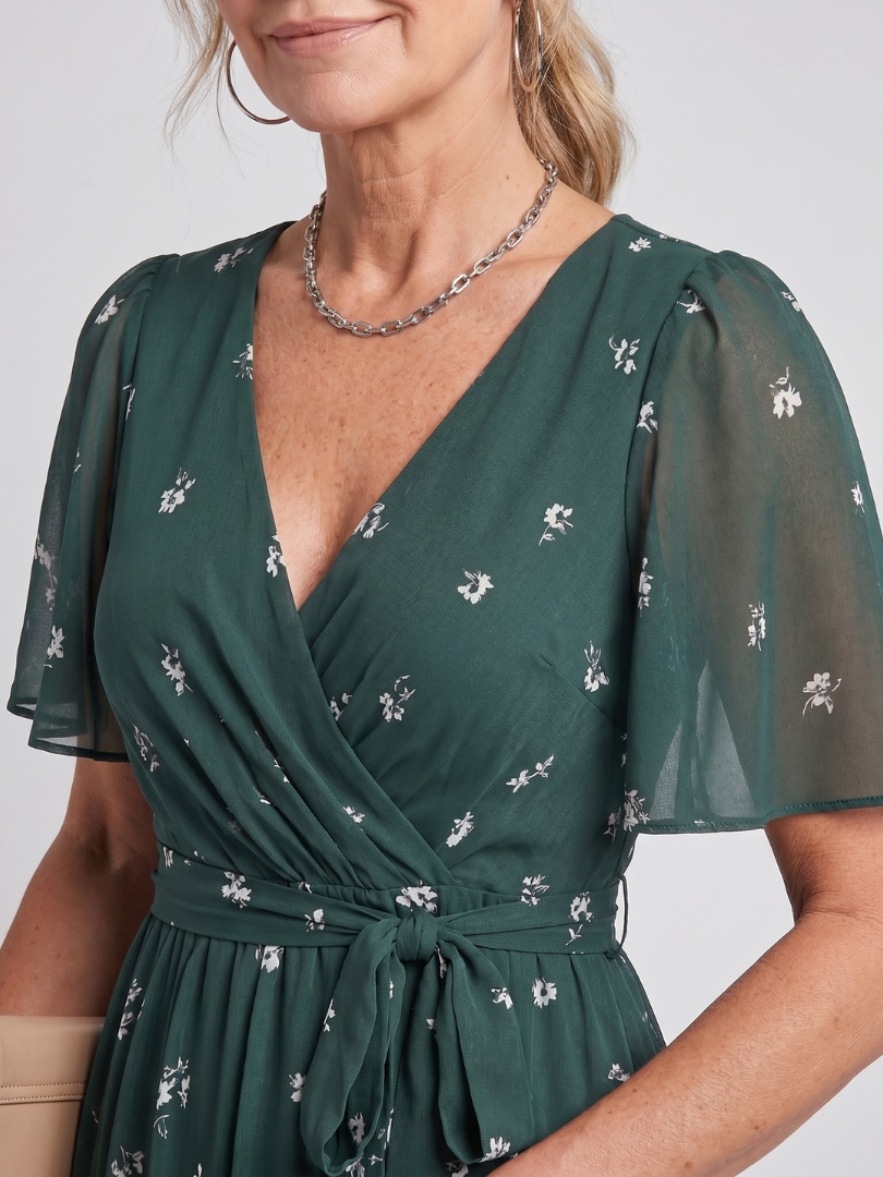 Women's Flutter Sleeve Gathered Waist Midi Dress - Dark Green Floral