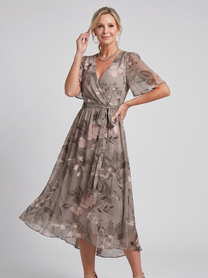 Women's Flutter Sleeve Gathered Waist Midi Dress - Gray Floral