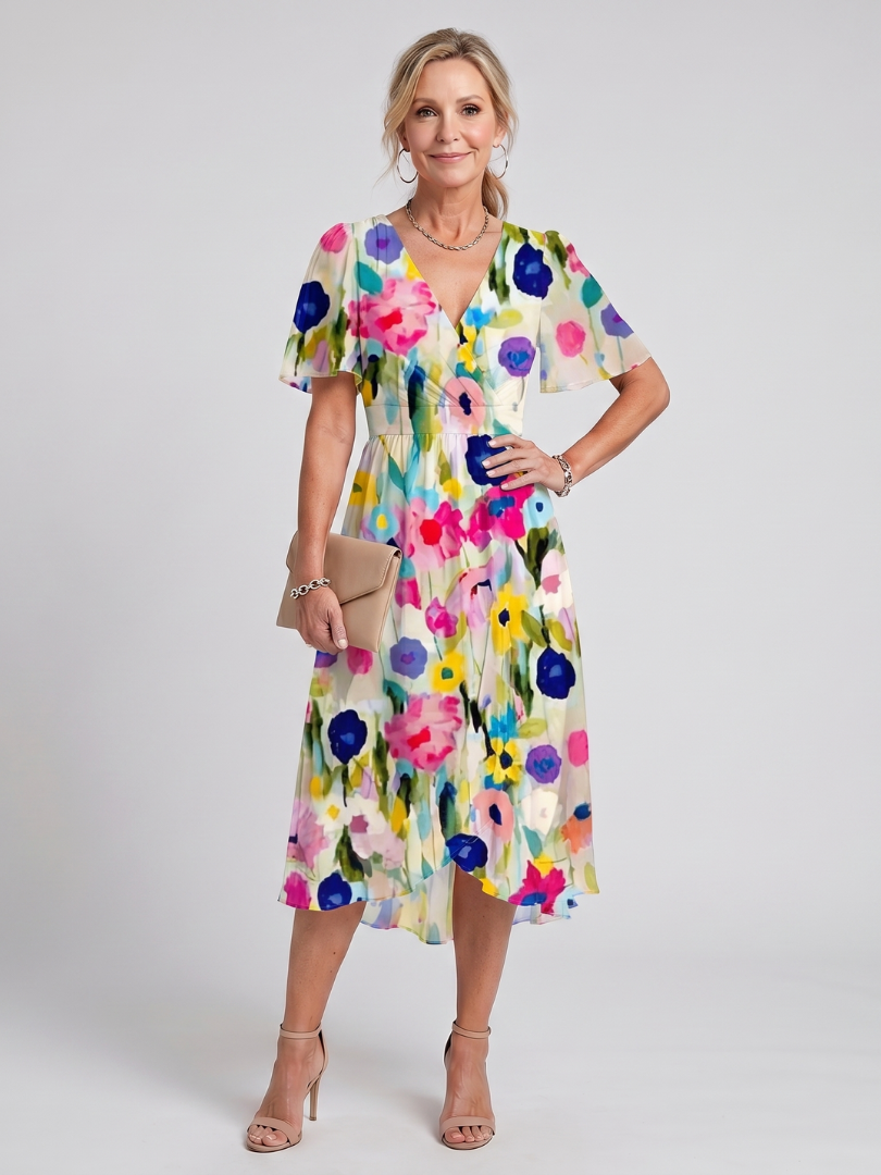 Women's Flutter Sleeve Gathered Waist Midi Dress - Ivory Floral