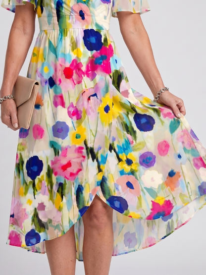 Women's Flutter Sleeve Gathered Waist Midi Dress - Ivory Floral