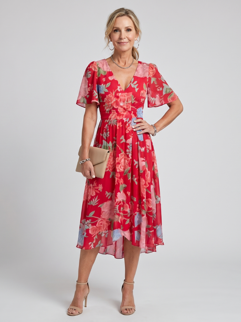 Women's Flutter Sleeve Gathered Waist Midi Dress - Red Floral