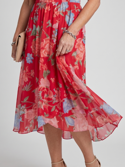 Women's Flutter Sleeve Gathered Waist Midi Dress - Red Floral