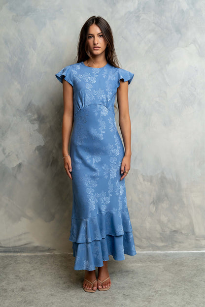 Women's Flutter Sleeve Tiered Ruffle Maxi Dress - Blue Floral