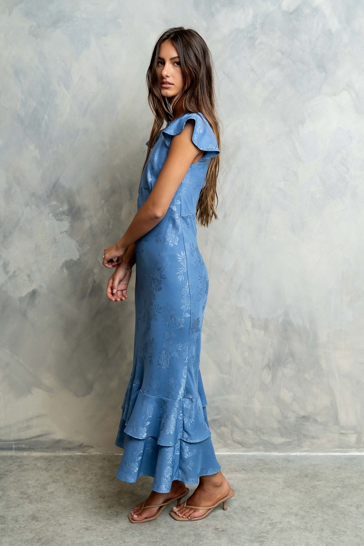 Women's Flutter Sleeve Tiered Ruffle Maxi Dress - Blue Floral