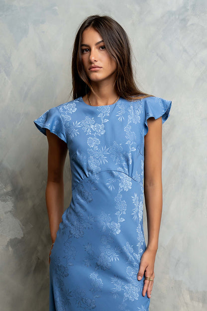 Women's Flutter Sleeve Tiered Ruffle Maxi Dress - Blue Floral