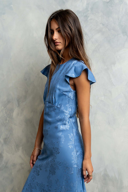 Women's Flutter Sleeve Tiered Ruffle Maxi Dress - Blue Floral